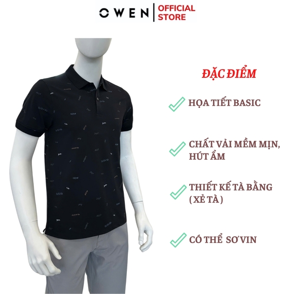 Áo thun polo Nam Tay Ngắn Có Cổ Owen APV253618 màu đen in họa tiết dáng suông tà bằng xẻ tà chất liệu cotton