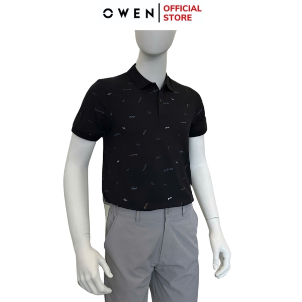 Áo thun polo Nam Tay Ngắn Có Cổ Owen APV253618 màu đen in họa tiết dáng suông tà bằng xẻ tà chất liệu cotton