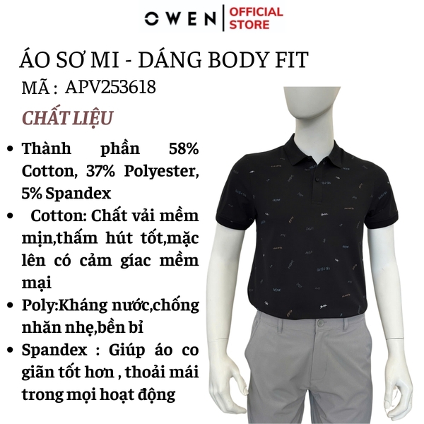 Áo thun polo Nam Tay Ngắn Có Cổ Owen APV253618 màu đen in họa tiết dáng suông tà bằng xẻ tà chất liệu cotton