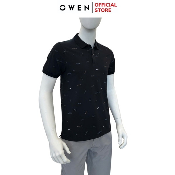 Áo thun polo Nam Tay Ngắn Có Cổ Owen APV253618 màu đen in họa tiết dáng suông tà bằng xẻ tà chất liệu cotton