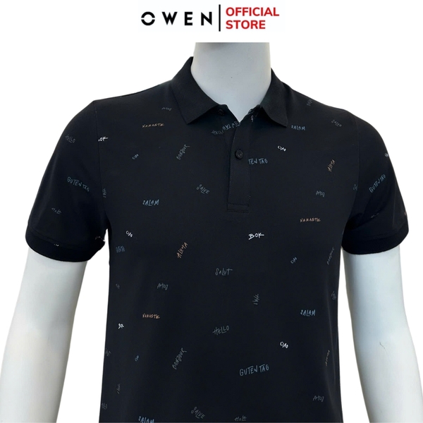 Áo thun polo Nam Tay Ngắn Có Cổ Owen APV253618 màu đen in họa tiết dáng suông tà bằng xẻ tà chất liệu cotton