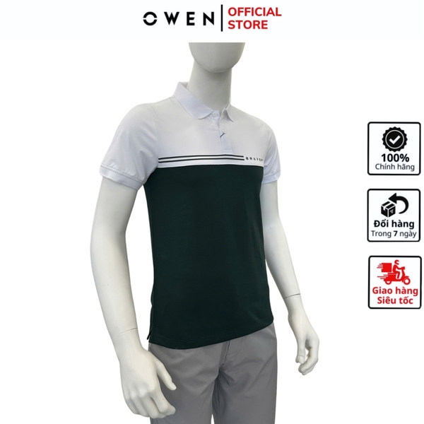 Áo thun polo Nam Tay Ngắn Có Cổ Owen APV253620 màu đen phối trắng dáng suông tà bằng xẻ tà chất liệu cotton