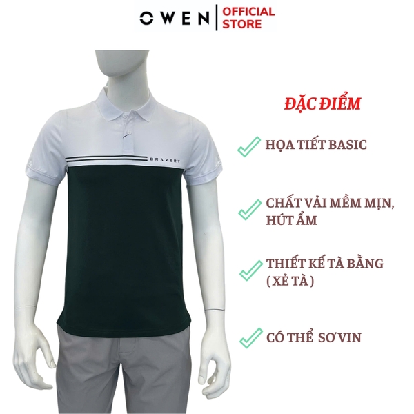 Áo thun polo Nam Tay Ngắn Có Cổ Owen APV253620 màu đen phối trắng dáng suông tà bằng xẻ tà chất liệu cotton