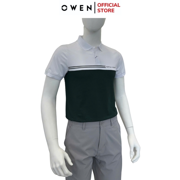 Áo thun polo Nam Tay Ngắn Có Cổ Owen APV253620 màu đen phối trắng dáng suông tà bằng xẻ tà chất liệu cotton