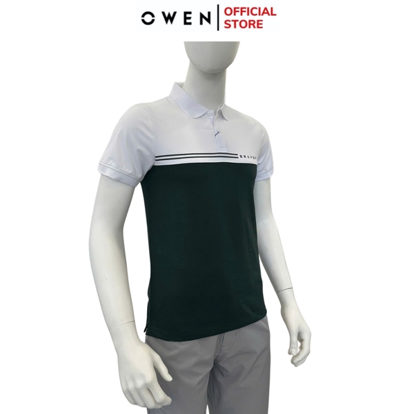 Áo thun polo Nam Tay Ngắn Có Cổ Owen APV253620 màu đen phối trắng dáng suông tà bằng xẻ tà chất liệu cotton