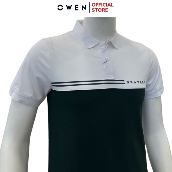 Áo thun polo Nam Tay Ngắn Có Cổ Owen APV253620 màu đen phối trắng dáng suông tà bằng xẻ tà chất liệu cotton