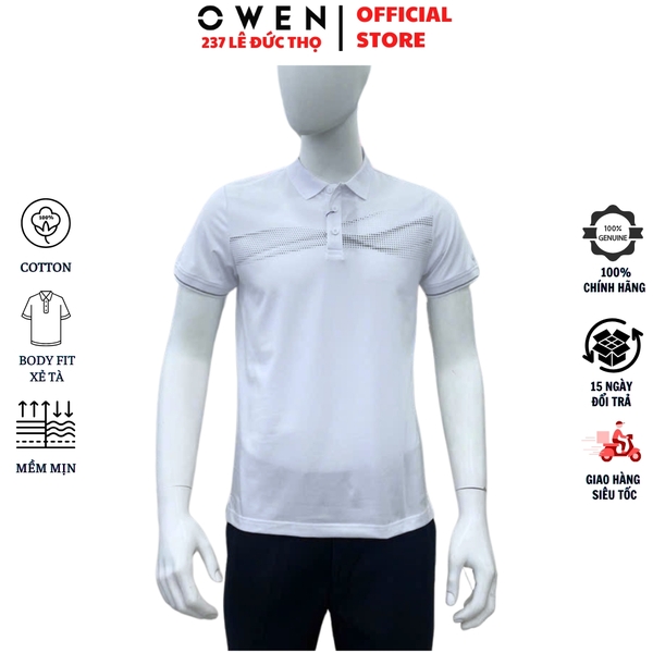 Áo thun polo Nam Tay Ngắn Có Cổ Owen APV253628 màu trắng in họa tiết dáng body fit tà bằng chất liệu CVC spandex
