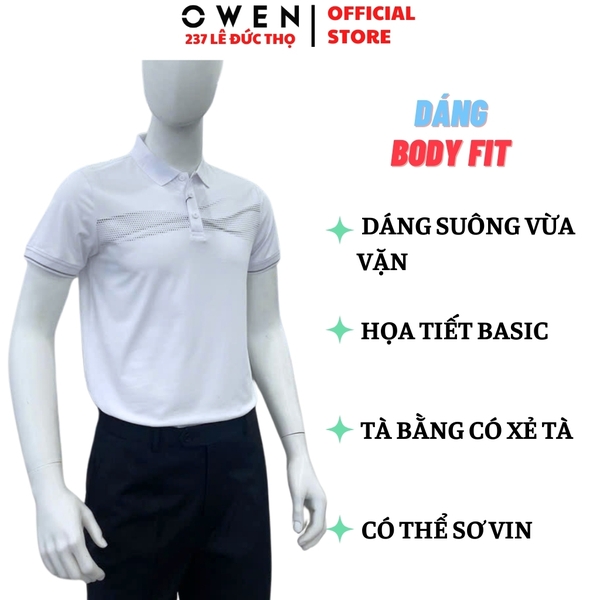 Áo thun polo Nam Tay Ngắn Có Cổ Owen APV253628 màu trắng in họa tiết dáng body fit tà bằng chất liệu CVC spandex