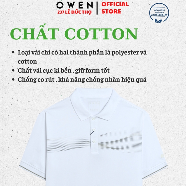 Áo thun polo Nam Tay Ngắn Có Cổ Owen APV253628 màu trắng in họa tiết dáng body fit tà bằng chất liệu CVC spandex