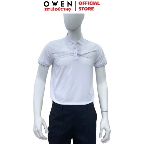 Áo thun polo Nam Tay Ngắn Có Cổ Owen APV253628 màu trắng in họa tiết dáng body fit tà bằng chất liệu CVC spandex