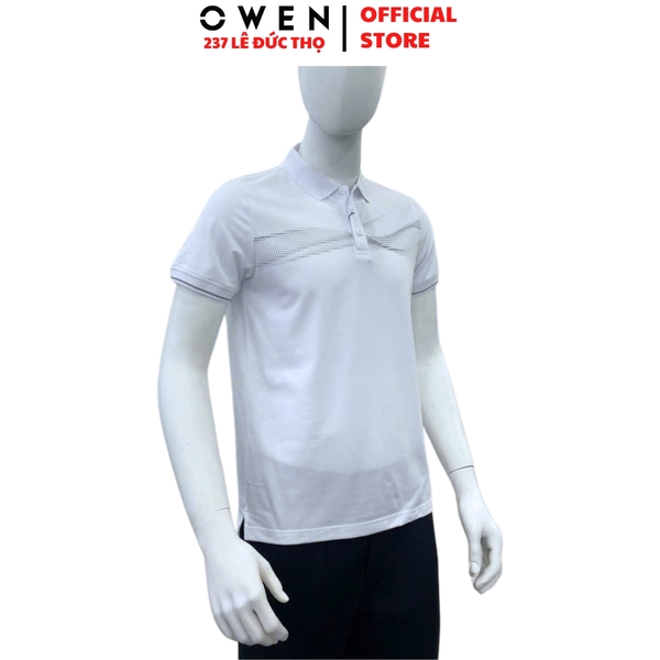 Áo thun polo Nam Tay Ngắn Có Cổ Owen APV253628 màu trắng in họa tiết dáng body fit tà bằng chất liệu CVC spandex