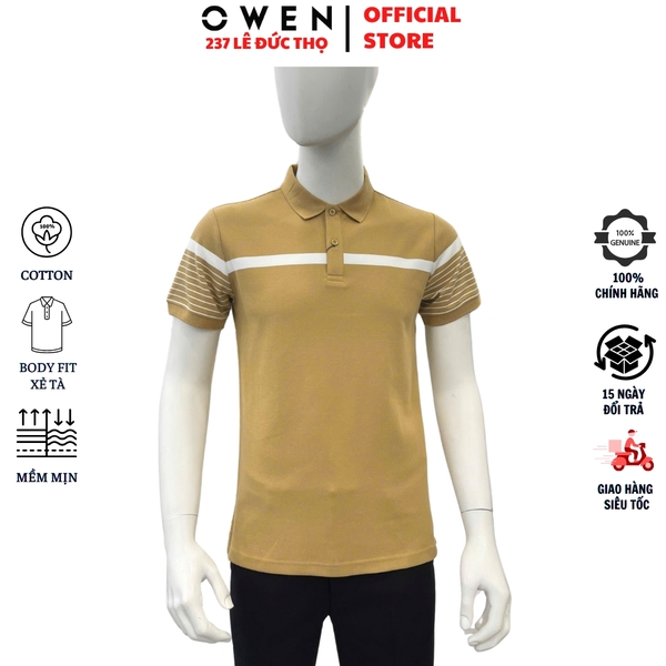 Áo thun polo Nam Tay Ngắn Có Cổ Owen APV253633 màu vàng đậm kẻ trắng dáng body fit tà bằng chất cotton