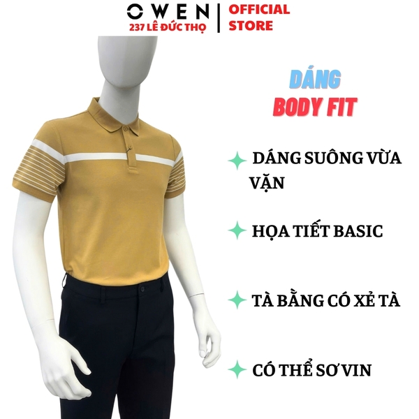Áo thun polo Nam Tay Ngắn Có Cổ Owen APV253633 màu vàng đậm kẻ trắng dáng body fit tà bằng chất cotton