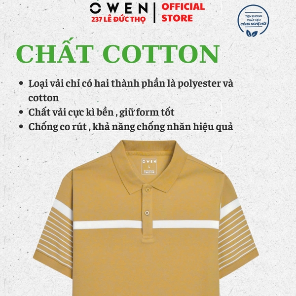 Áo thun polo Nam Tay Ngắn Có Cổ Owen APV253633 màu vàng đậm kẻ trắng dáng body fit tà bằng chất cotton