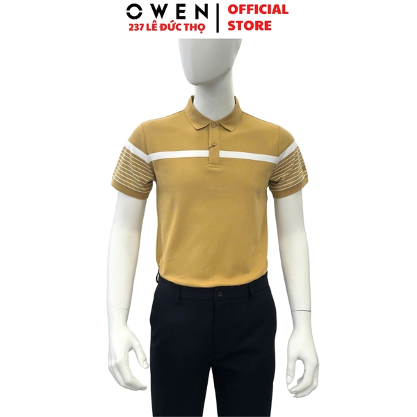Áo thun polo Nam Tay Ngắn Có Cổ Owen APV253633 màu vàng đậm kẻ trắng dáng body fit tà bằng chất cotton