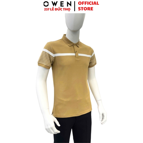 Áo thun polo Nam Tay Ngắn Có Cổ Owen APV253633 màu vàng đậm kẻ trắng dáng body fit tà bằng chất cotton