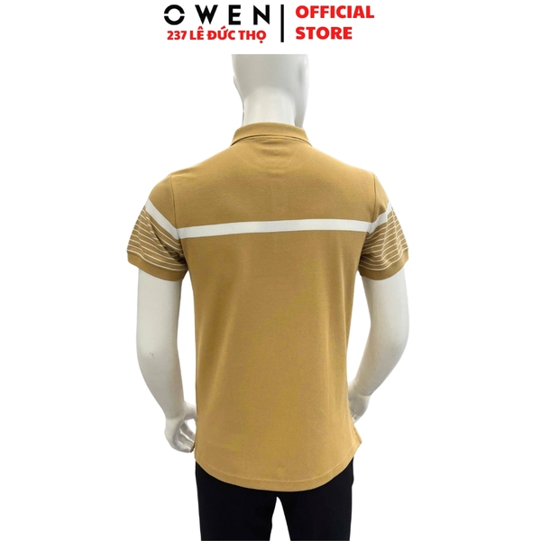 Áo thun polo Nam Tay Ngắn Có Cổ Owen APV253633 màu vàng đậm kẻ trắng dáng body fit tà bằng chất cotton