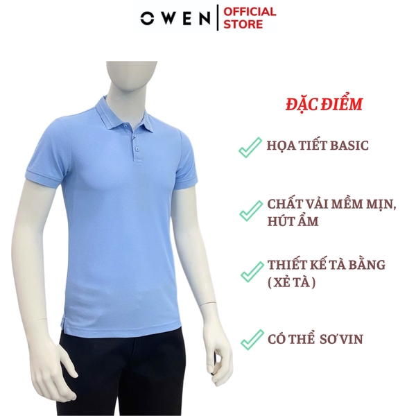 Áo Thun polo Nam Tay Ngắn Có Cổ Owen APV253638 màu xanh da trời dáng body fit tà bằng chất liệu cotton poly