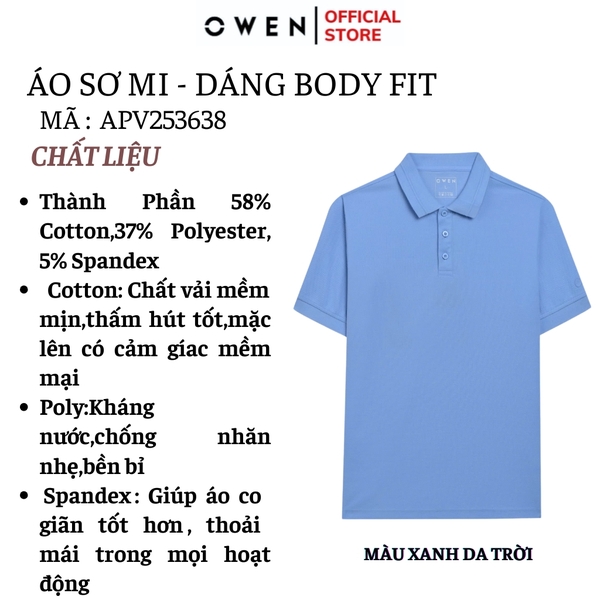 Áo Thun polo Nam Tay Ngắn Có Cổ Owen APV253638 màu xanh da trời dáng body fit tà bằng chất liệu cotton poly