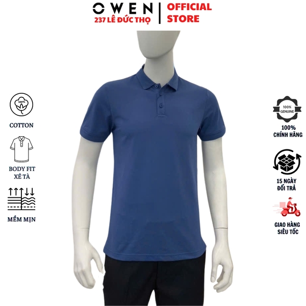 Áo thun polo Nam Tay Ngắn Có Cổ Owen APV253640 màu xanh dương dáng body fit tà bằng chất liệu CVC spandex