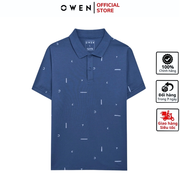 Áo Thun polo Nam Tay Ngắn Có Cổ Owen APV253641 màu xanh dương in họa tiết dáng body fit tà bằng chất liệu cotton