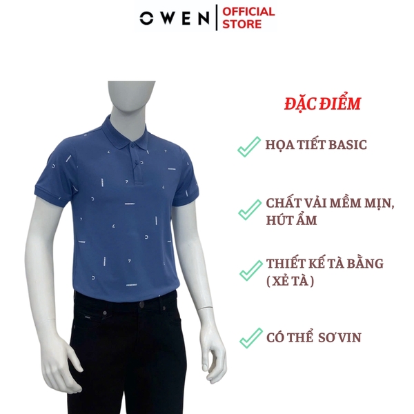 Áo Thun polo Nam Tay Ngắn Có Cổ Owen APV253641 màu xanh dương in họa tiết dáng body fit tà bằng chất liệu cotton