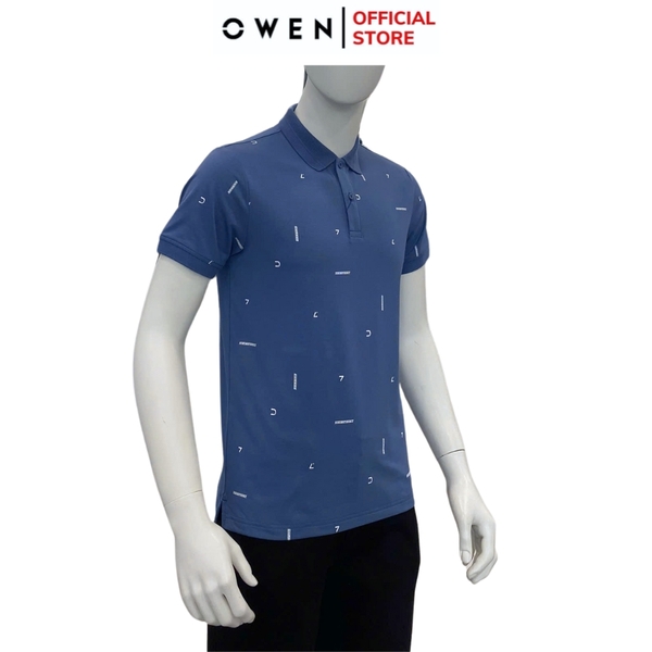 Áo Thun polo Nam Tay Ngắn Có Cổ Owen APV253641 màu xanh dương in họa tiết dáng body fit tà bằng chất liệu cotton