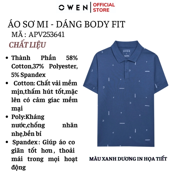 Áo Thun polo Nam Tay Ngắn Có Cổ Owen APV253641 màu xanh dương in họa tiết dáng body fit tà bằng chất liệu cotton