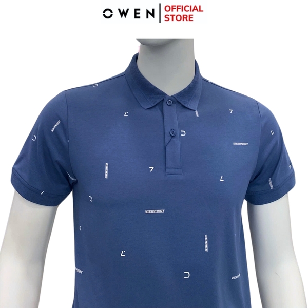Áo Thun polo Nam Tay Ngắn Có Cổ Owen APV253641 màu xanh dương in họa tiết dáng body fit tà bằng chất liệu cotton