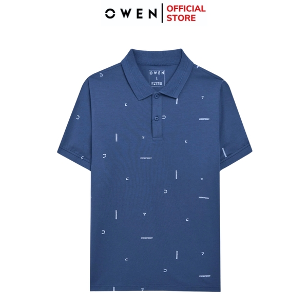 Áo Thun polo Nam Tay Ngắn Có Cổ Owen APV253641 màu xanh dương in họa tiết dáng body fit tà bằng chất liệu cotton