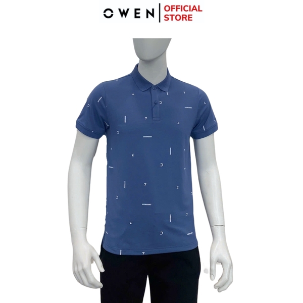 Áo Thun polo Nam Tay Ngắn Có Cổ Owen APV253641 màu xanh dương in họa tiết dáng body fit tà bằng chất liệu cotton