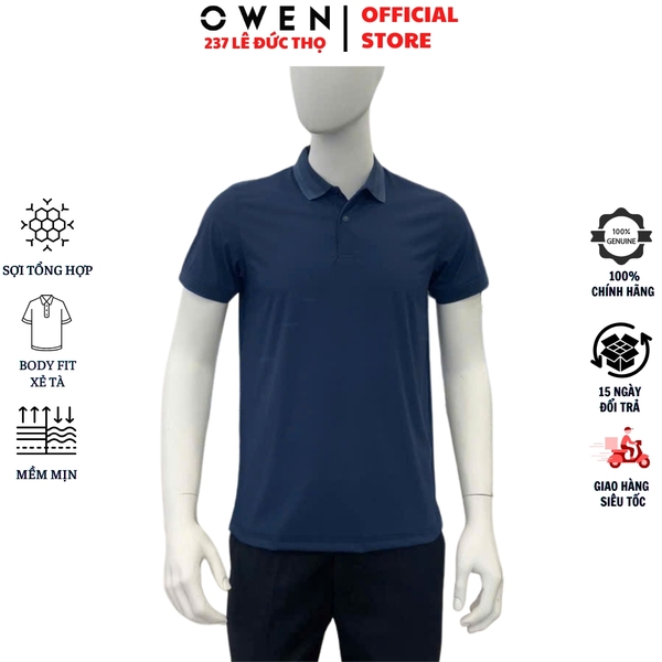 Áo thun polo Nam Tay Ngắn Có Cổ Owen APV253653 màu xanh dương đậm dáng body fit tà bằng chất liệu Nylon