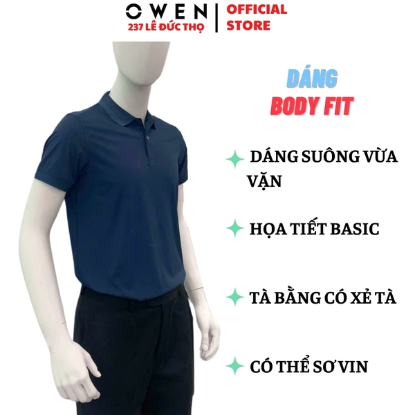 Áo thun polo Nam Tay Ngắn Có Cổ Owen APV253653 màu xanh dương đậm dáng body fit tà bằng chất liệu Nylon