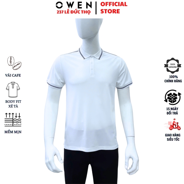 Áo thun polo Nam Tay Ngắn Có Cổ Owen APV253658 màu trắng viền xanh dáng body fit tà bằng Chất liệu Cafe