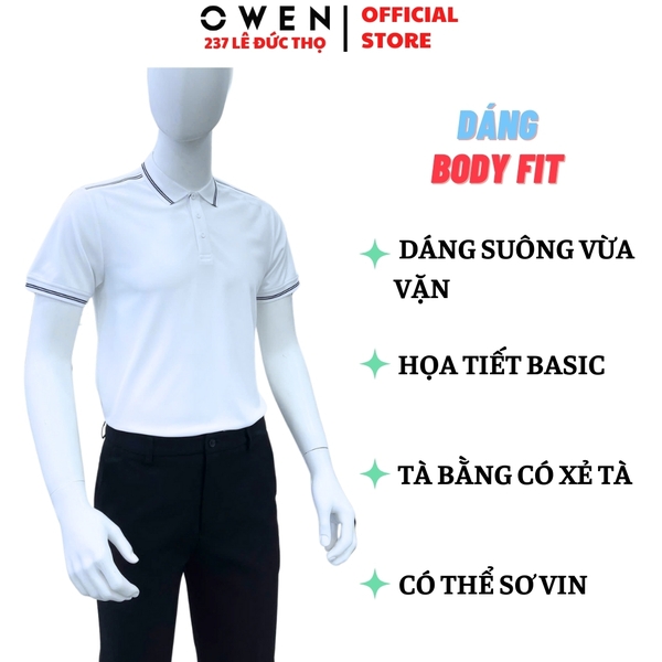 Áo thun polo Nam Tay Ngắn Có Cổ Owen APV253658 màu trắng viền xanh dáng body fit tà bằng Chất liệu Cafe