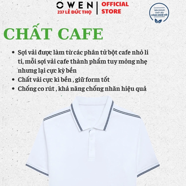 Áo thun polo Nam Tay Ngắn Có Cổ Owen APV253658 màu trắng viền xanh dáng body fit tà bằng Chất liệu Cafe
