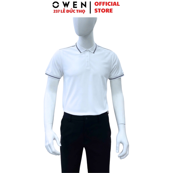 Áo thun polo Nam Tay Ngắn Có Cổ Owen APV253658 màu trắng viền xanh dáng body fit tà bằng Chất liệu Cafe