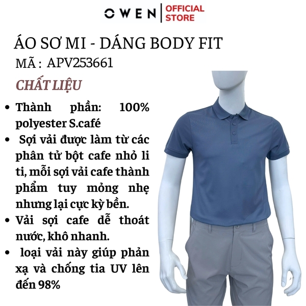Áo thun polo Nam Tay Ngắn Có Cổ Owen APV253661 màu xanh đậm dáng suông tà bằng xẻ tà chất liệu polyester cafe
