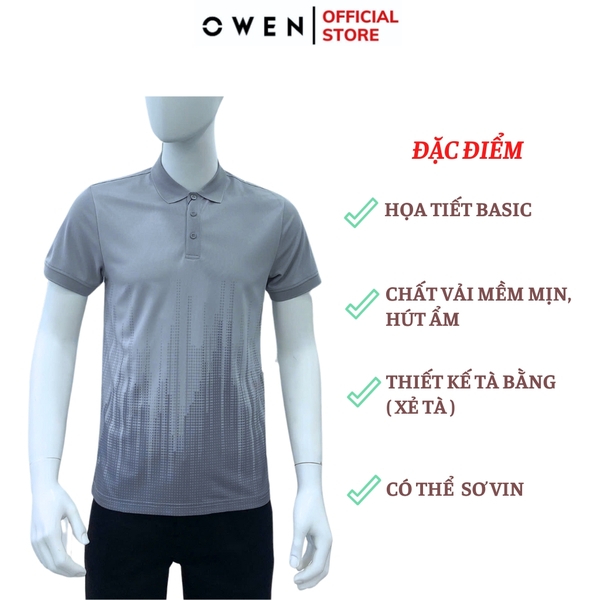 Áo Thun polo Nam Tay Ngắn Có Cổ Owen APV253662 màu xám in họa tiết dáng suông body fit tà bằng chất liệu cafe