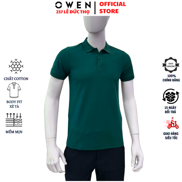 Áo Thun polo Nam Tay Ngắn Có Cổ Owen APV262000 màu xanh lá dáng suông body fit xẻ tà Chất liệu cotton poly