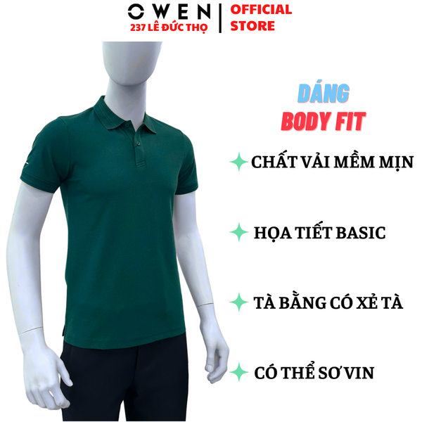 Áo Thun polo Nam Tay Ngắn Có Cổ Owen APV262000 màu xanh lá dáng suông body fit xẻ tà Chất liệu cotton poly