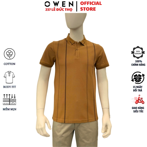 Áo thun polo Nam Tay Ngắn Có Cổ Owen APV262026 màu nâu dáng body fit tà bằng xẻ tà chất liệu cotton polyester spandex