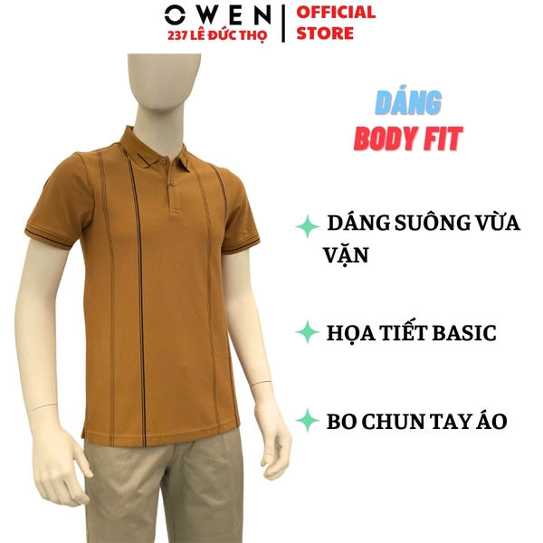 Áo thun polo Nam Tay Ngắn Có Cổ Owen APV262026 màu nâu dáng body fit tà bằng xẻ tà chất liệu cotton polyester spandex