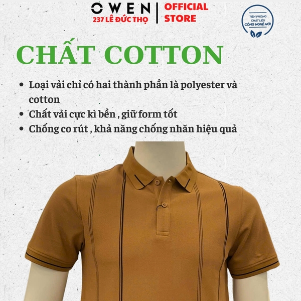 Áo thun polo Nam Tay Ngắn Có Cổ Owen APV262026 màu nâu dáng body fit tà bằng xẻ tà chất liệu cotton polyester spandex