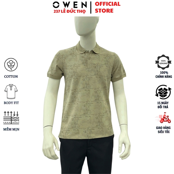 Áo thun polo Nam Tay Ngắn Có Cổ Owen APV262038 màu rêu dáng body fit tà bằng xẻ tà chất liệu cotton polyester spandex