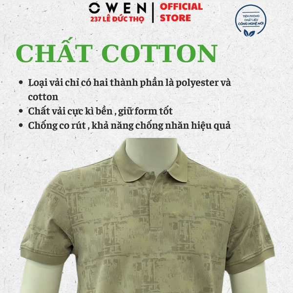 Áo thun polo Nam Tay Ngắn Có Cổ Owen APV262038 màu rêu dáng body fit tà bằng xẻ tà chất liệu cotton polyester spandex