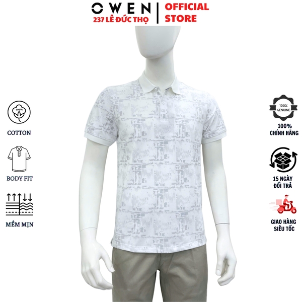 Áo thun polo Nam Tay Ngắn Có Cổ Owen APV262039 màu trắng dáng body fit tà bằng xẻ tà chất liệu cotton polyester spandex