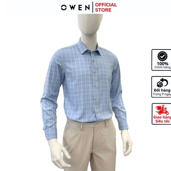 Áo sơ mi nam tay dài Owen AS250356D màu xanhcaro vừa dáng ôm slim fit là lượn không túi chất liệu bamboo poly