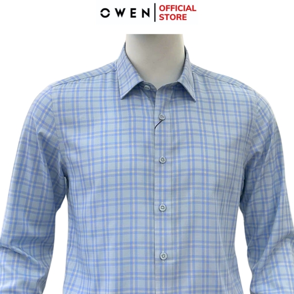 Áo sơ mi nam tay dài Owen AS250356D màu xanhcaro vừa dáng ôm slim fit là lượn không túi chất liệu bamboo poly