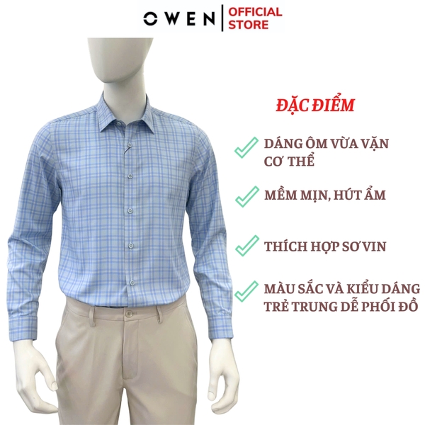 Áo sơ mi nam tay dài Owen AS250356D màu xanhcaro vừa dáng ôm slim fit là lượn không túi chất liệu bamboo poly